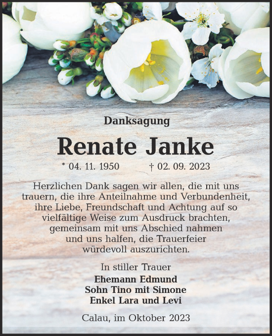 Traueranzeige von Renate Janke von Lausitzer Rundschau