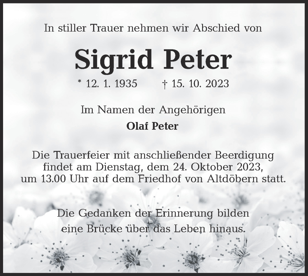 Traueranzeige für Sigrid Peter vom 21.10.2023 aus Lausitzer Rundschau