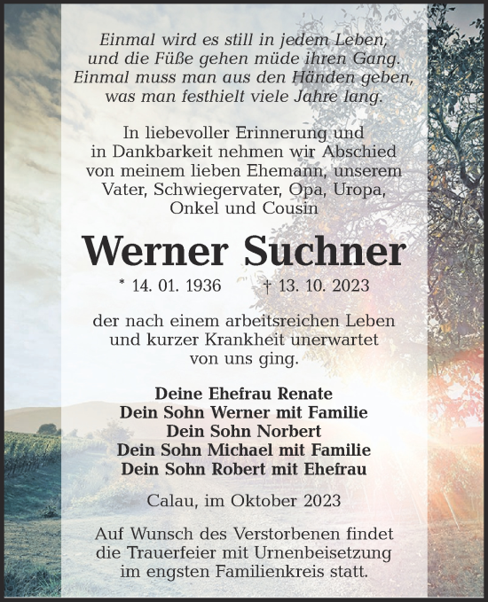 Traueranzeige von Werner Suchner von Lausitzer Rundschau