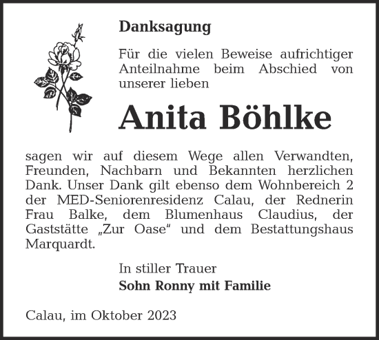 Traueranzeige von Anita Böhlke von Lausitzer Rundschau