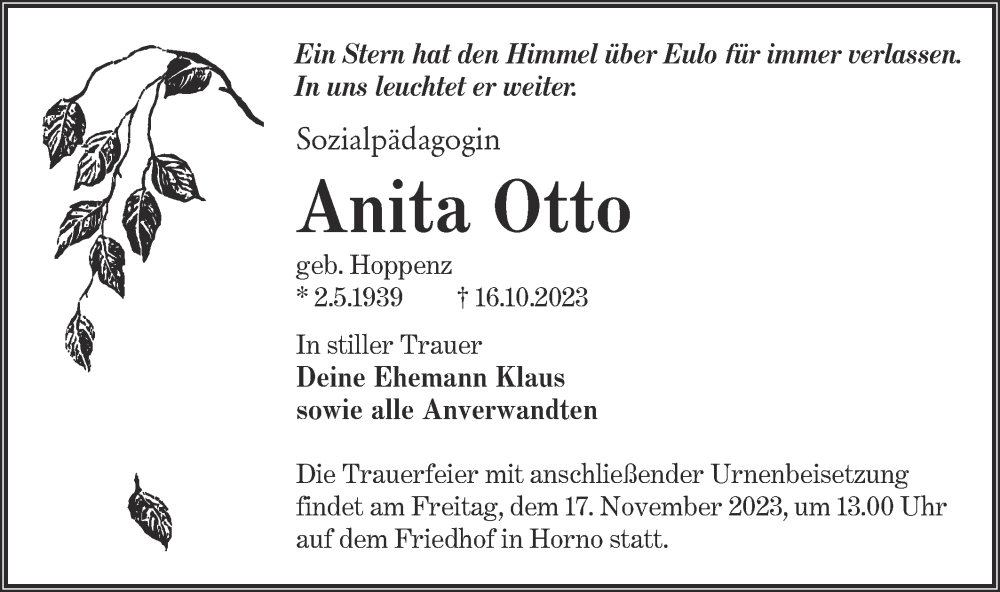 Traueranzeige für Anita Otto vom 04.11.2023 aus Lausitzer Rundschau