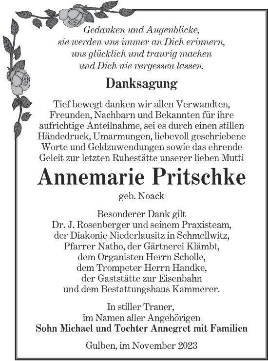 Traueranzeige von Annemarie Pritschke von Lausitzer Rundschau