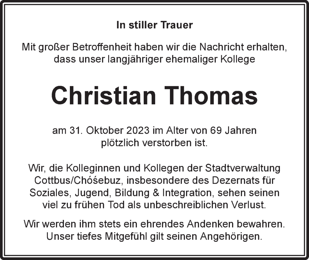  Traueranzeige für Christian Thomas vom 11.11.2023 aus Lausitzer Rundschau
