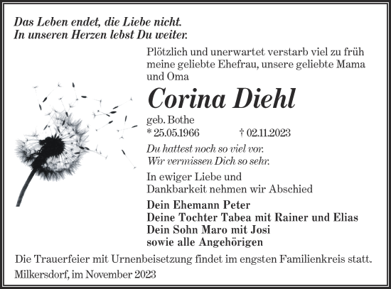 Traueranzeige von Corina Diehl von Lausitzer Rundschau