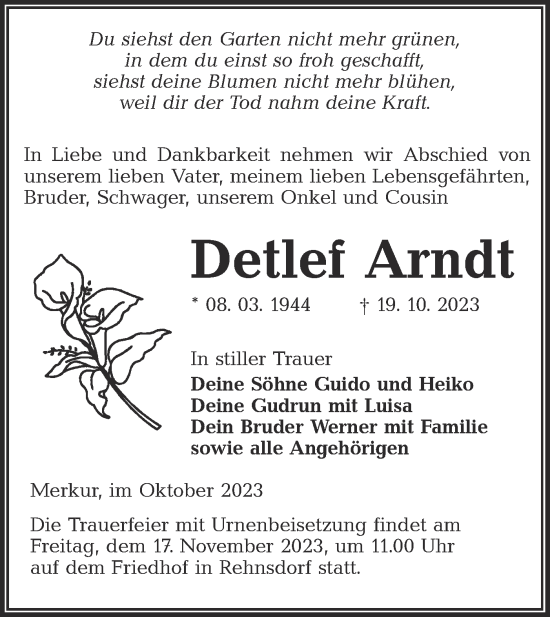 Traueranzeige von Detlef Arndt von Lausitzer Rundschau
