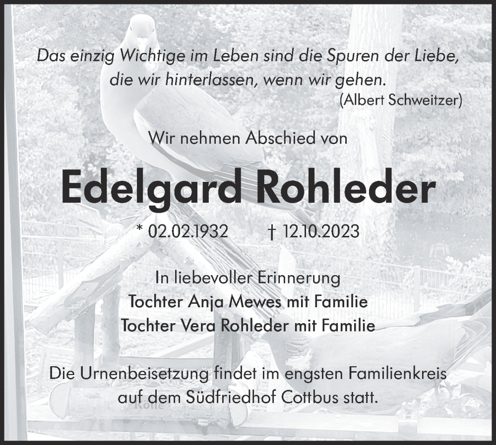  Traueranzeige für Edelgard Rohleder vom 04.11.2023 aus Lausitzer Rundschau