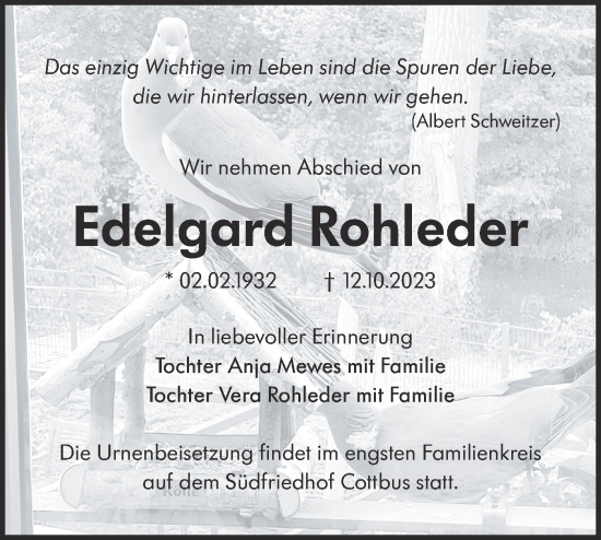 Traueranzeige von Edelgard Rohleder von Lausitzer Rundschau