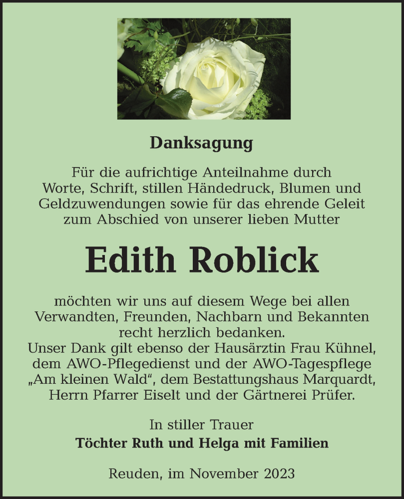  Traueranzeige für Edith Roblick vom 25.11.2023 aus Lausitzer Rundschau