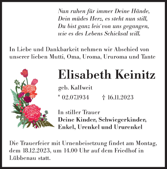 Traueranzeige von Elisabeth Keinitz von Lausitzer Rundschau