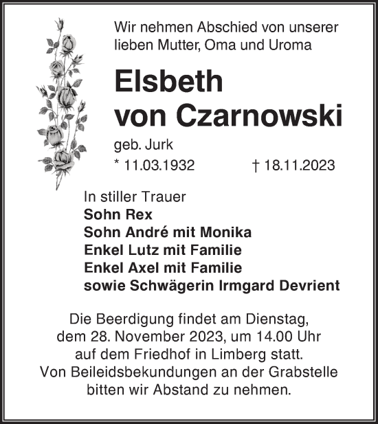 Traueranzeige von Elsbeth von Czarnowski von Lausitzer Rundschau