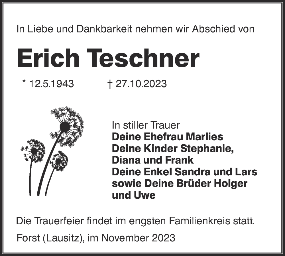  Traueranzeige für Erich Teschner vom 04.11.2023 aus Lausitzer Rundschau