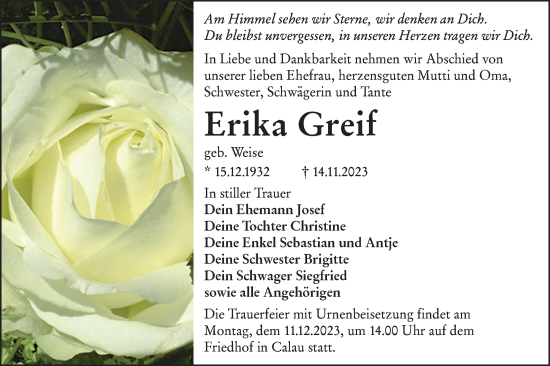 Traueranzeige von Erika Greif von Lausitzer Rundschau