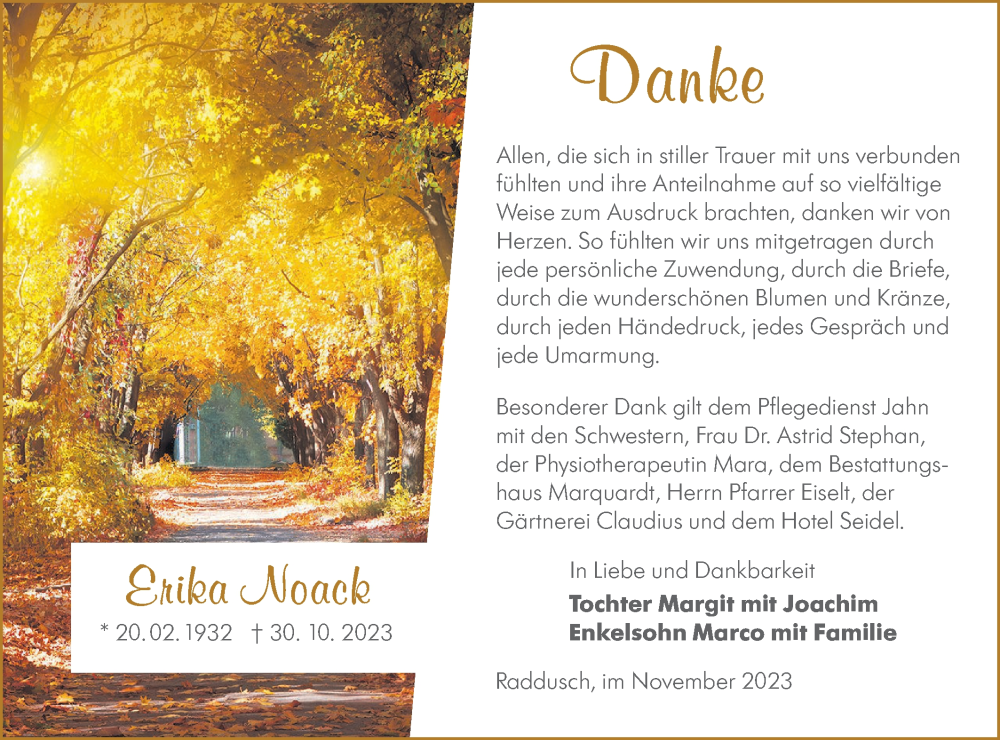  Traueranzeige für Erika Noack vom 18.11.2023 aus Lausitzer Rundschau