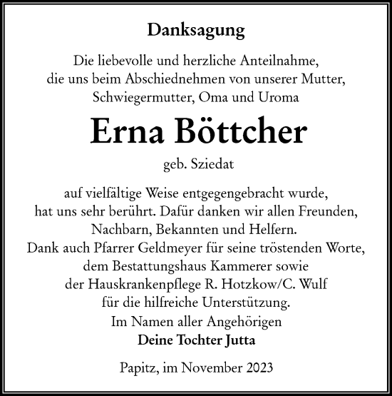 Traueranzeige von Erna Böttcher von Lausitzer Rundschau