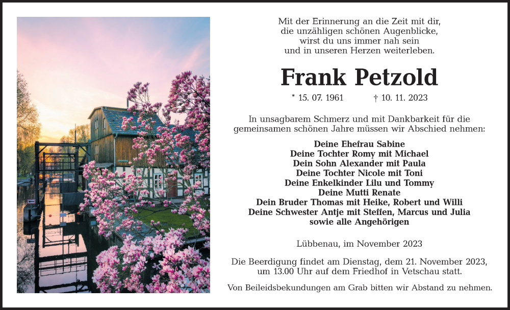  Traueranzeige für Frank Petzold vom 18.11.2023 aus Lausitzer Rundschau