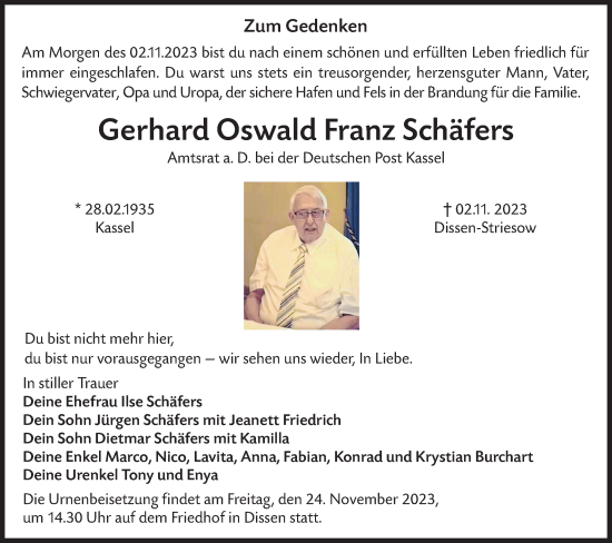 Traueranzeige von Gerhard Oswald Franz  Schäfers von Lausitzer Rundschau