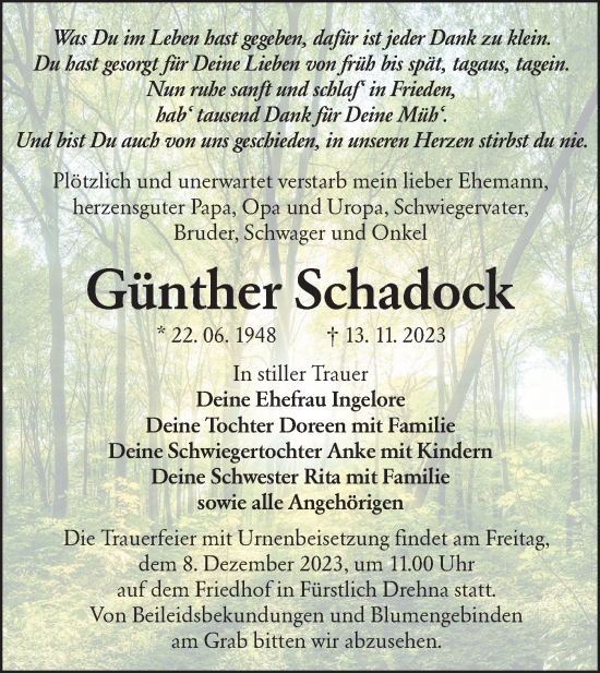Traueranzeige von Günther Schadock von Lausitzer Rundschau