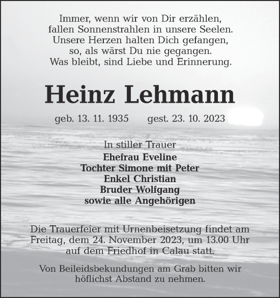 Traueranzeige von Heinz Lehmann von Lausitzer Rundschau