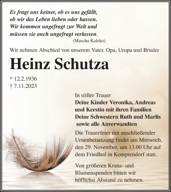 Traueranzeige von Heinz Schutza von Lausitzer Rundschau