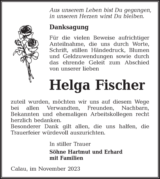 Traueranzeige von Helga Fischer von Lausitzer Rundschau
