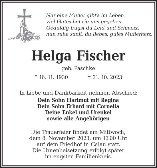 Traueranzeige von Helga Fischer von Lausitzer Rundschau