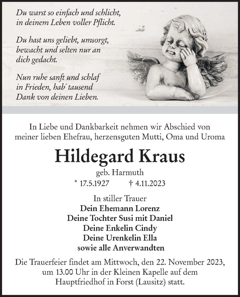  Traueranzeige für Hildegard Kraus vom 18.11.2023 aus Lausitzer Rundschau