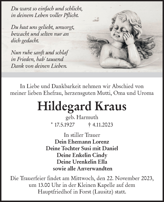 Traueranzeige von Hildegard Kraus von Lausitzer Rundschau