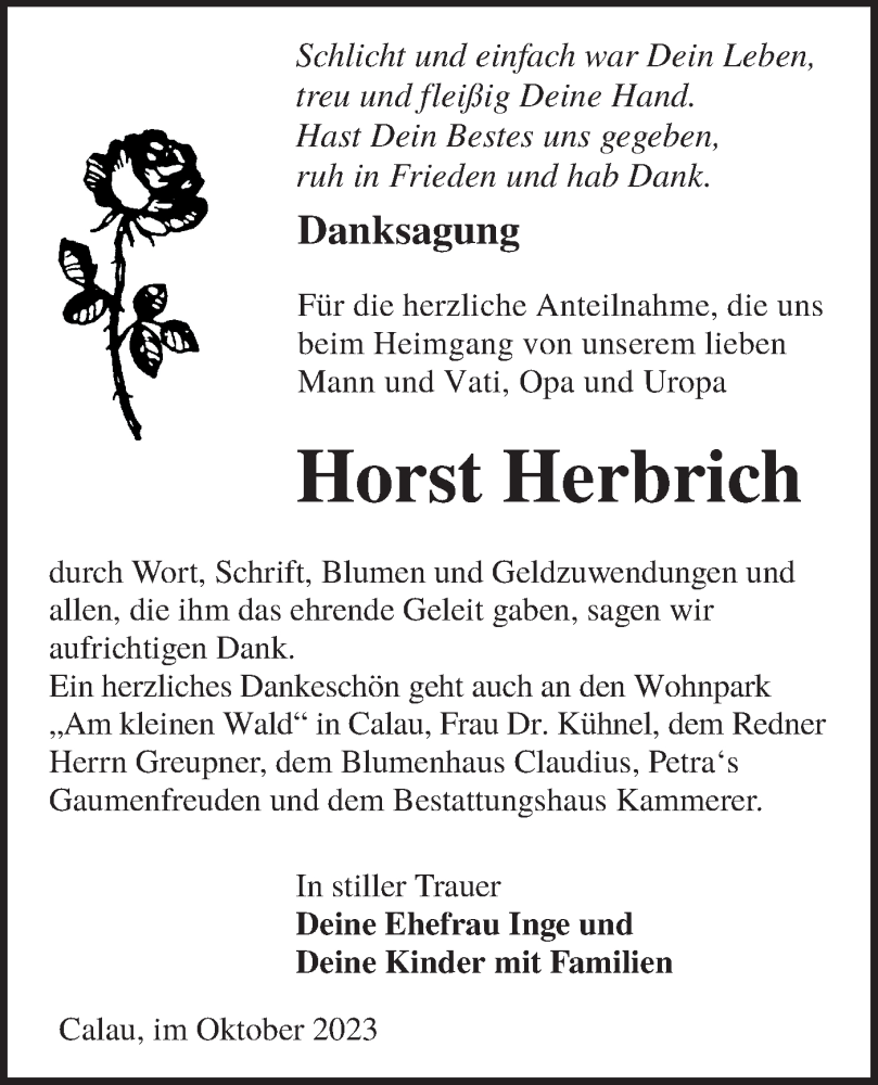  Traueranzeige für Horst Herbrich vom 04.11.2023 aus Lausitzer Rundschau