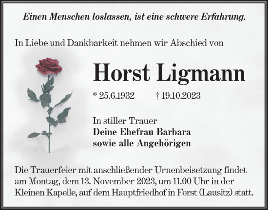 Traueranzeige von Horst Ligmann von Lausitzer Rundschau