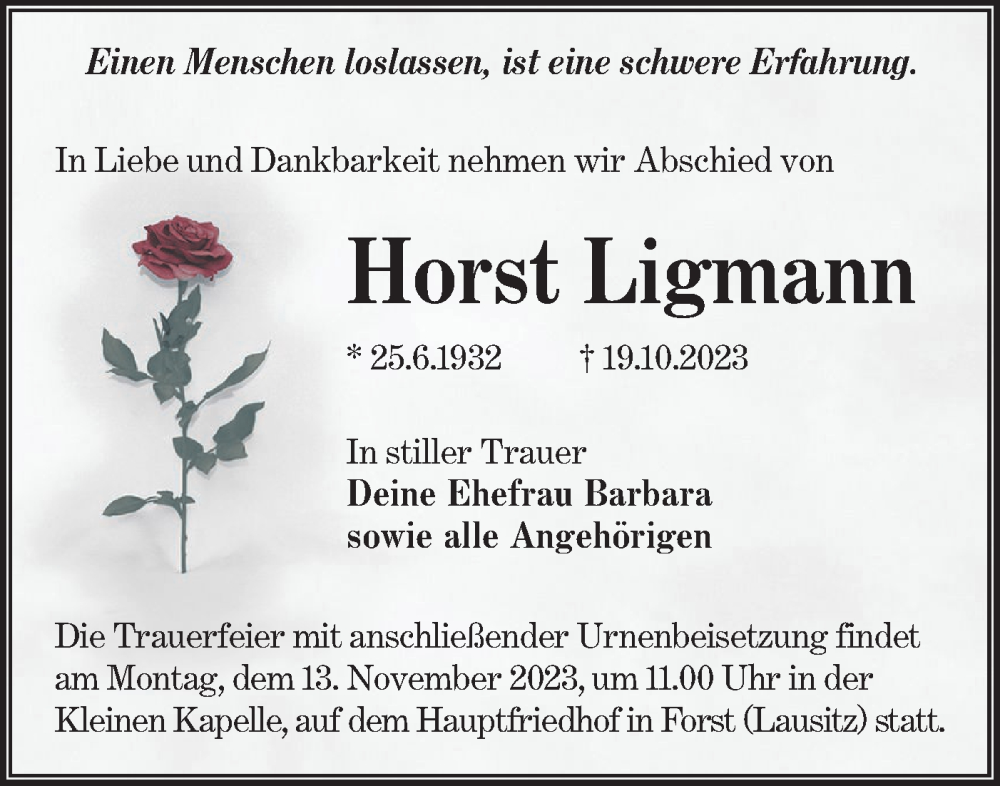  Traueranzeige für Horst Ligmann vom 04.11.2023 aus Lausitzer Rundschau