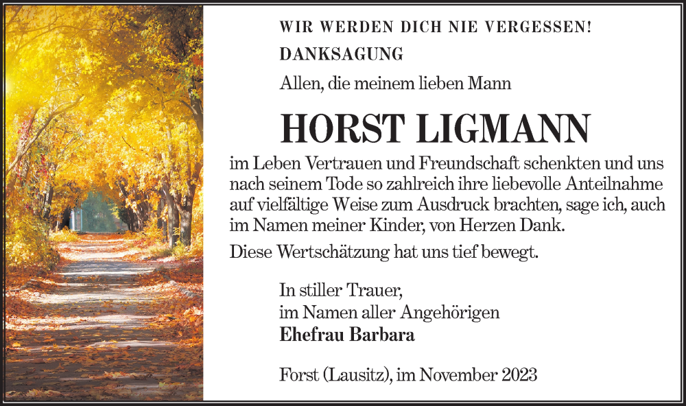  Traueranzeige für Horst Ligmann vom 25.11.2023 aus Lausitzer Rundschau