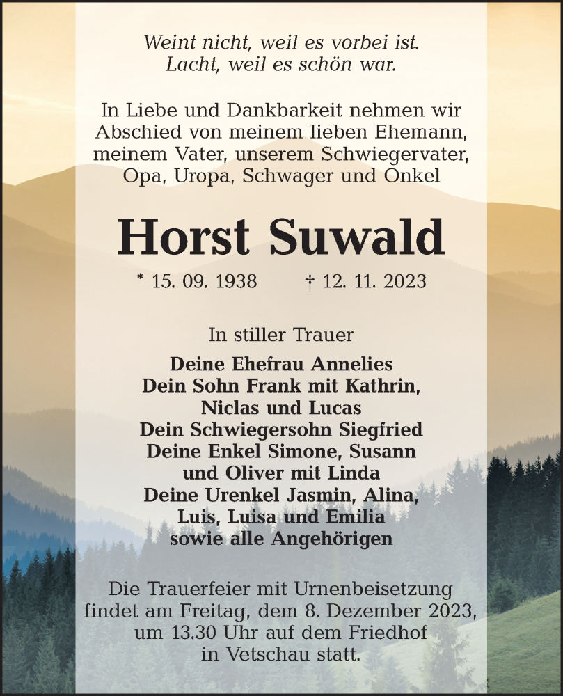  Traueranzeige für Horst Suwald vom 25.11.2023 aus Lausitzer Rundschau