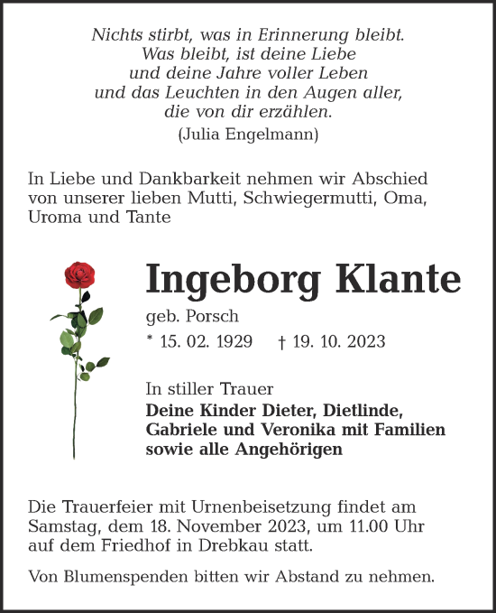 Traueranzeige von Ingeborg Klante von Lausitzer Rundschau
