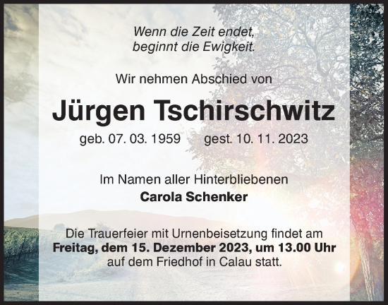 Traueranzeige von Jürgen Tschirschwitz von Lausitzer Rundschau