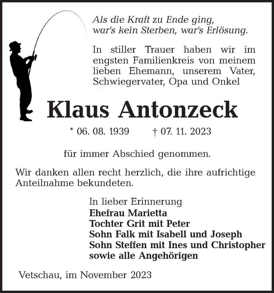  Traueranzeige für Klaus Antonzeck vom 18.11.2023 aus Lausitzer Rundschau