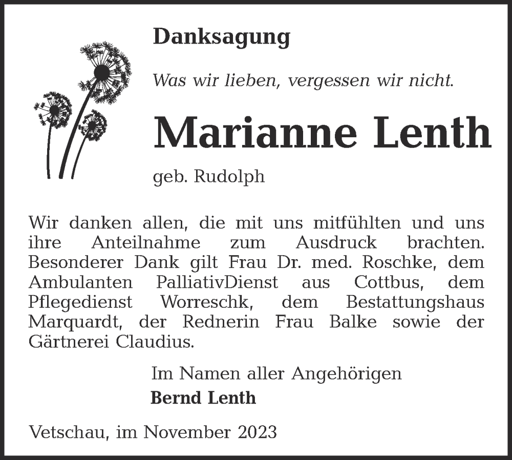  Traueranzeige für Marianne Lenth vom 11.11.2023 aus Lausitzer Rundschau