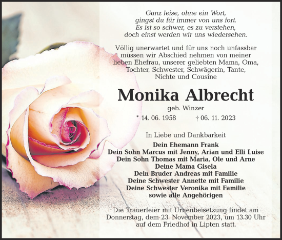 Traueranzeige von Monika Albrecht von Lausitzer Rundschau