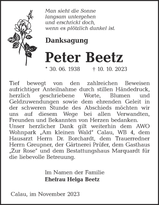 Traueranzeige von Peter Beetz von Lausitzer Rundschau