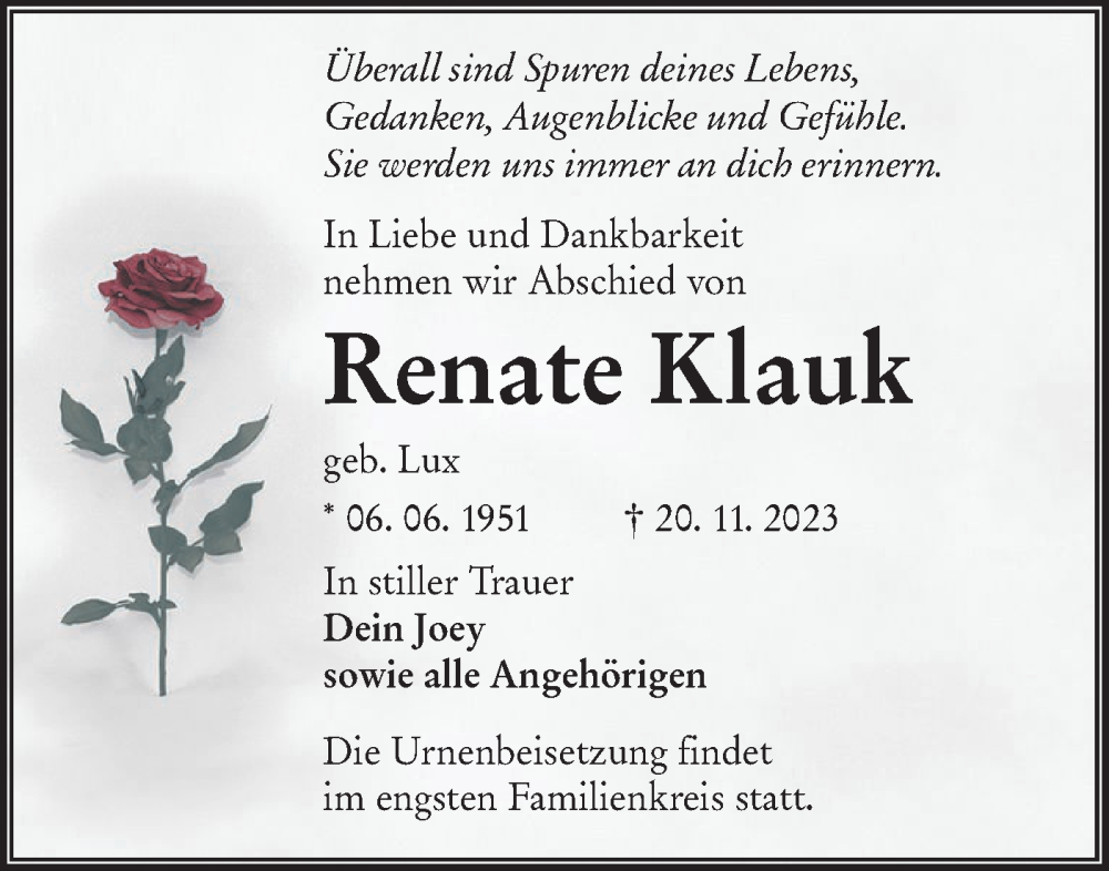  Traueranzeige für Renate Klauk vom 25.11.2023 aus Lausitzer Rundschau