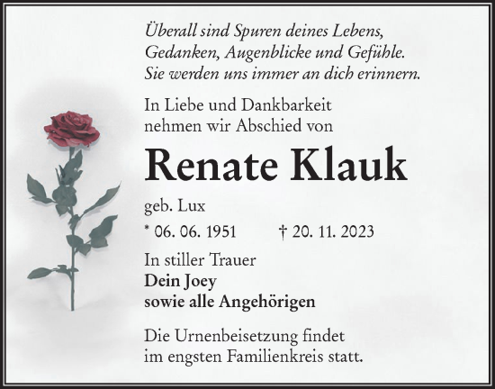 Traueranzeige von Renate Klauk von Lausitzer Rundschau