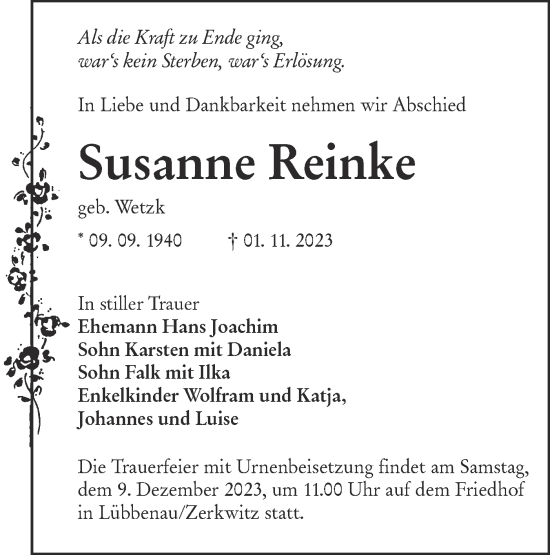 Traueranzeige von Susanne Reinke von Lausitzer Rundschau