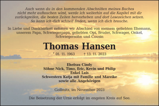 Traueranzeige von Thomas Hansen von Lausitzer Rundschau