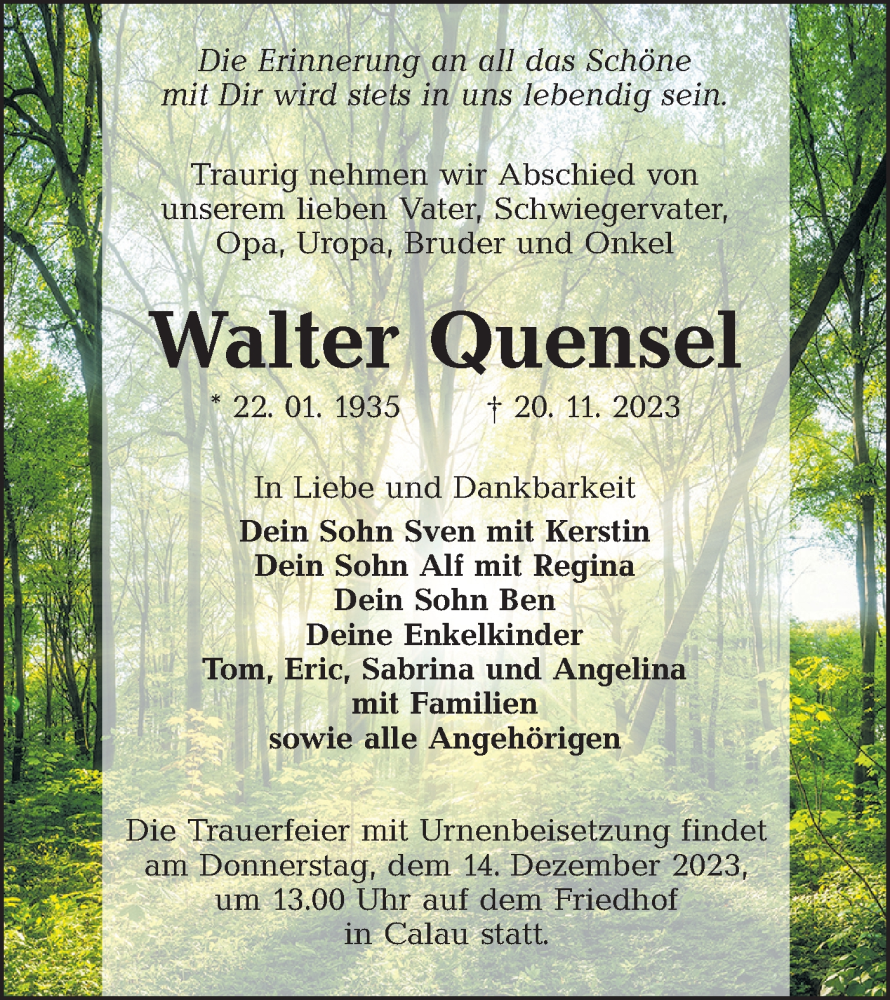  Traueranzeige für Walter Quensel vom 25.11.2023 aus Lausitzer Rundschau