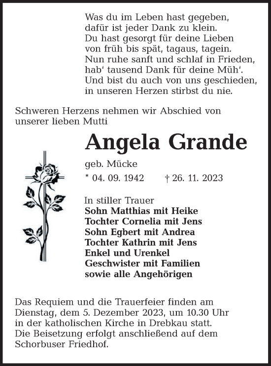 Traueranzeige von Angela Grande von Lausitzer Rundschau