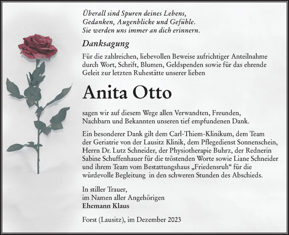  Traueranzeige für Anita Otto vom 16.12.2023 aus Lausitzer Rundschau