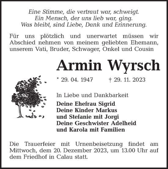 Traueranzeige von Armin Wyrsch von Lausitzer Rundschau