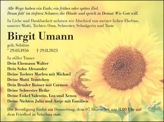 Traueranzeige von Birgit Umann von Lausitzer Rundschau