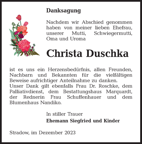 Traueranzeige von Christa Duschka von Lausitzer Rundschau