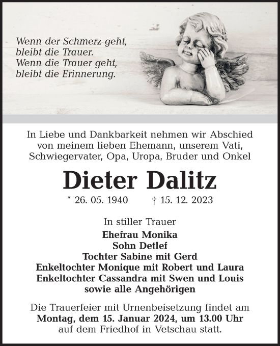 Traueranzeige von Dieter Dalitz von Lausitzer Rundschau