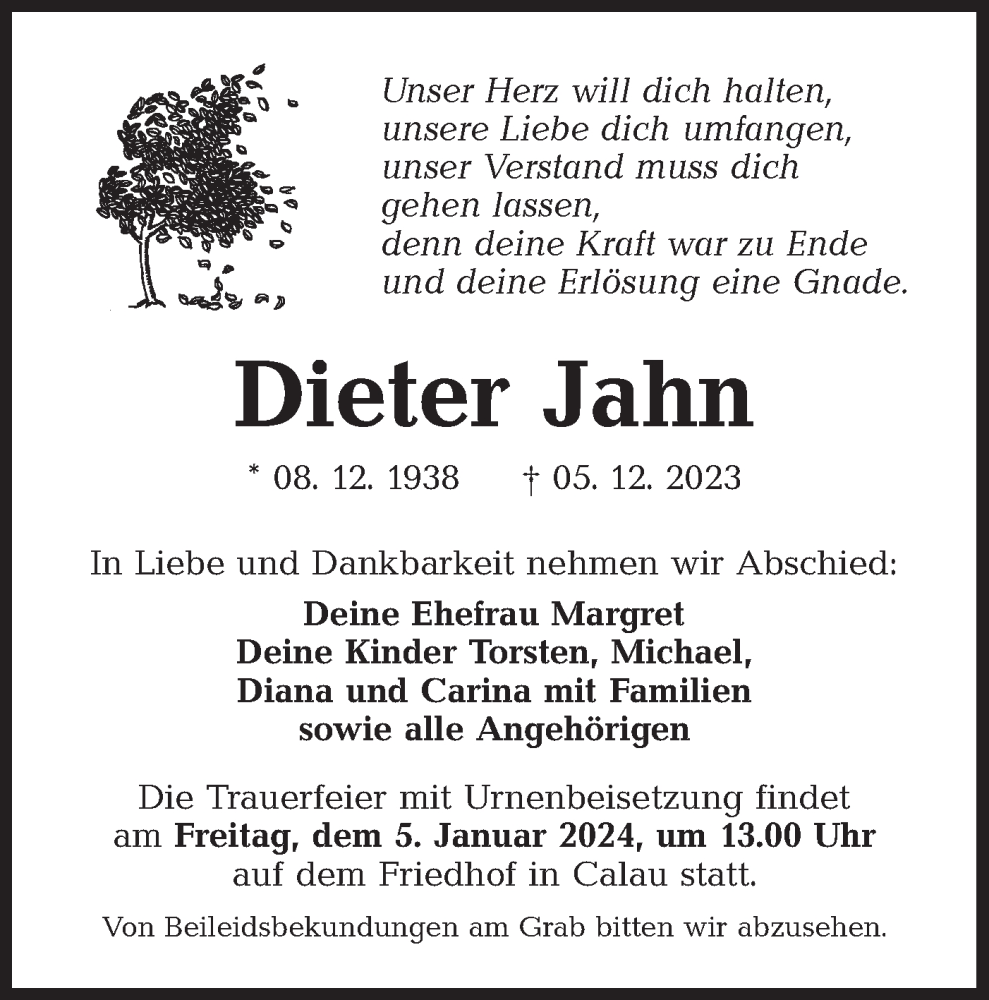  Traueranzeige für Dieter Jahn vom 16.12.2023 aus Lausitzer Rundschau